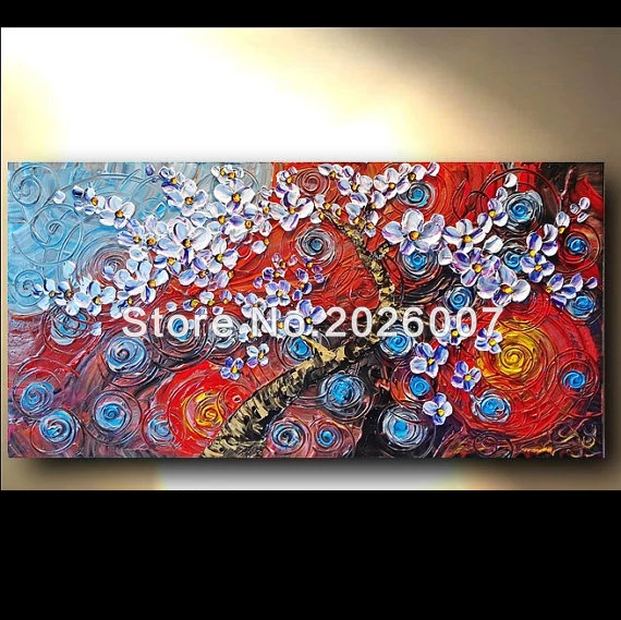 

Hand Painted Abstract Thick Palette Knife Oil Painting On Canvas Blue Red Yellow Purple Tree Flower Abstract Decor Artwork