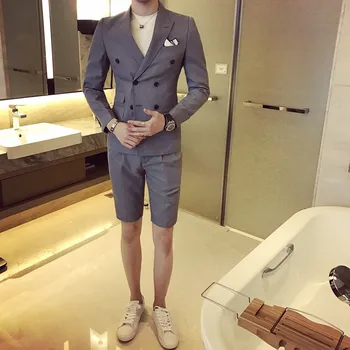 

Summer khaki Men Suit With Short Pants Double Breasted Slim Fit blue Male Blazer Party Wear black Men wedding suit