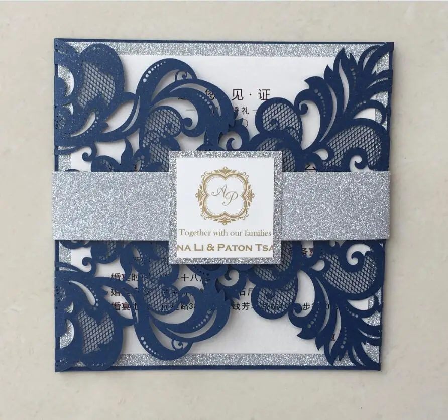Dark Blue lace wedding invitation cards with silver belly band and tag