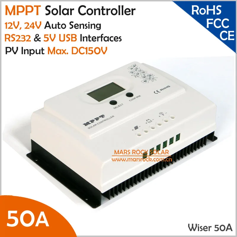 

Wiser 50A MPPT solar charge controller 12V/24V auto recognition Max. DC150V PV input with RS232 and 5V USB interfaces