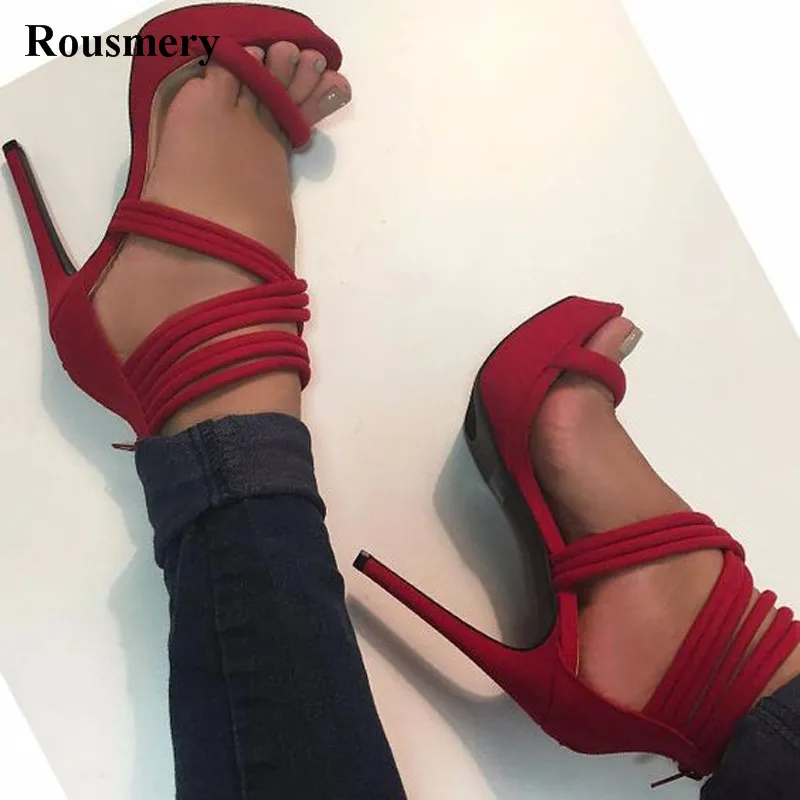 Gladiateur Suédé Été Rouge Sandales Combiné Haute Sangles forme Cheville À Cuir Nouvelle Plate En Conception Sangle Femmes Bout Ouvert UYrC4qvwU