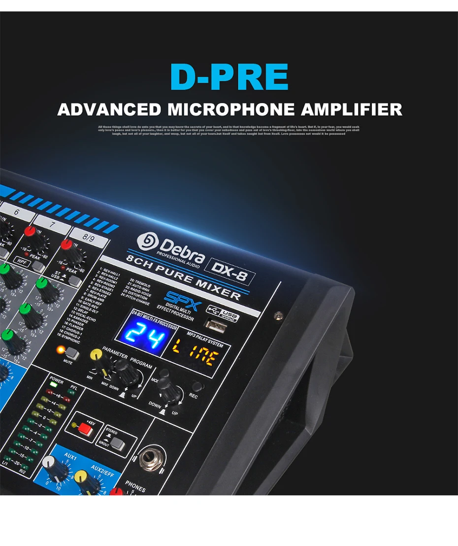 Дебра аудио DX-8 8-ми канальный аудио dj микшер контроллер звуковая карта с 24 DSP эффект, включающим в себя гарнитуру блютус и флеш-накопитель USB XLR Jack Aux Вход