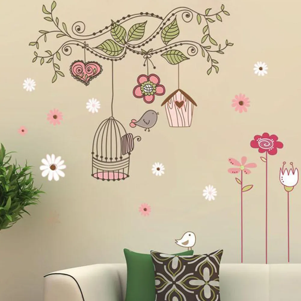 372 18 De Réductionamovible Stickers Muraux Fleur Oiseaux Cage Décoratif Art Autocollant Pour Enfants Bébé Enfants Chambre Fond De Papier Peint