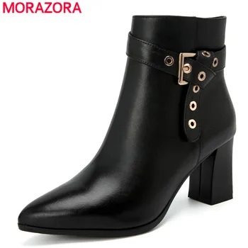 

MORAZORA 2020 top quality full genuine leather shoes women ankle boots pointed toe zip buckle autumn high heels boots ladies