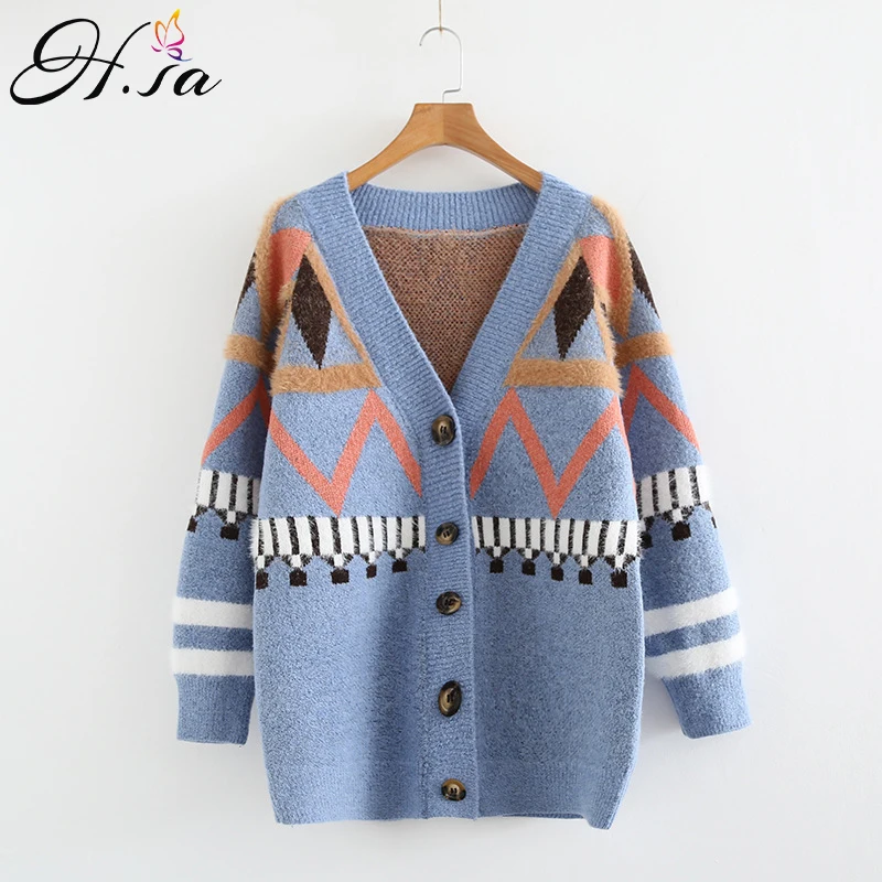 

H.SA 2019 Spring New Women Long Sweater and Cardigans V neck Geometric Rrtro Jumpers Warm Knit Coat Long Jacket Chic Sweaters