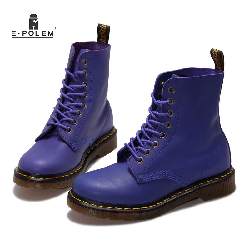 

Stylish Genuine Leather Women Ankle Boots Trend Pure Color Purple Blue Boot Ladies Flat Motorcycle Boot Shoes 2018 Winter