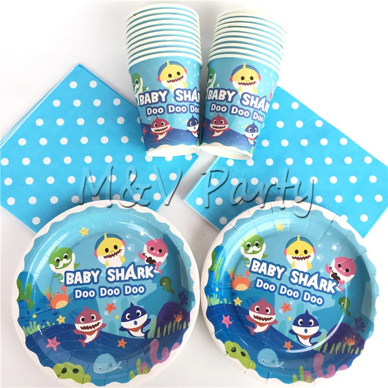 

80pcs/lot Blue Baby Shark Party Disposable Tableware Set Paper Cup 7inch Plates Napkin Set Baby Shark Party Decoration Supplies
