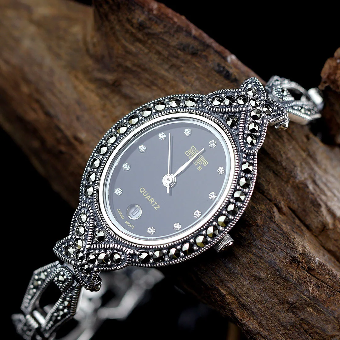 

Ethnic 925 Sterling Silver Inlay Marcasite Butterfly Chain Quartz Watch