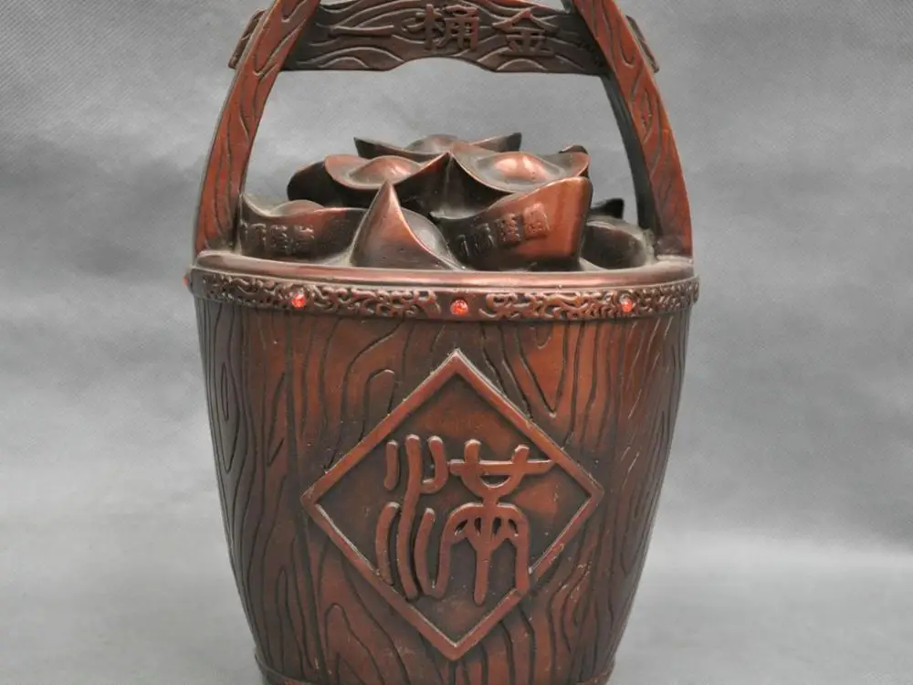 

10" China Folk Bronze Water Bucket Full Of Yuanbao Coin Money Statue