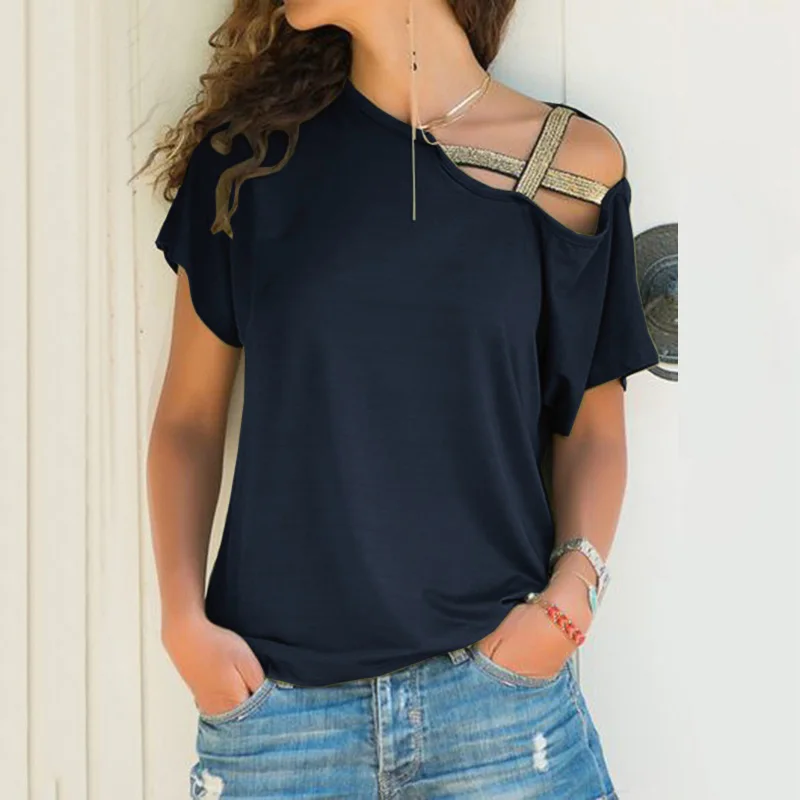 S-5XL Women Skew Neck Irregular Criss Cross Blouse Patchwork Solid Tops Blusa Femme One Shoulder Summer Shirt Hollow Plus Size