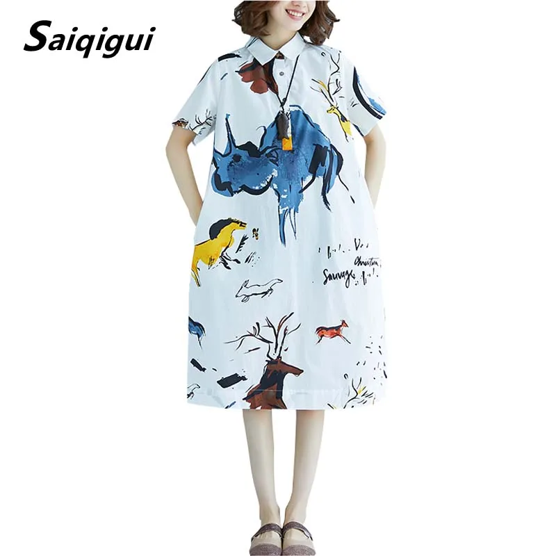 

Saiqigui 2019 fashion spring summer dress short sleeves Print women dress casual Loose large size dress vestidos robe femme