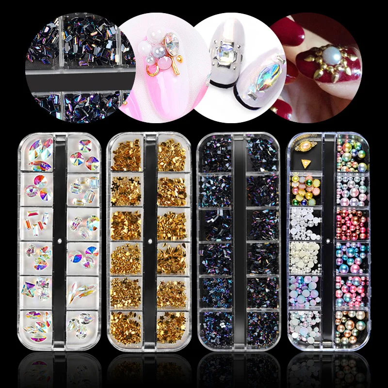 

1Box AB Crystal Rhinestones Decor Flat-Back Multi Metal Studs Gradient Pearls DIY Glitter Manicure Nail Art 3d Decorations