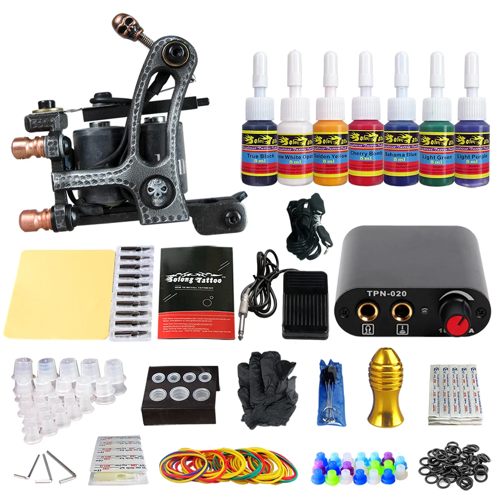 

Solong Profi Tattoo Machine Kit 1 Professional Machine Liner Guns Needle 7 color ink Tattoo Set New Make Up Tool TK105-54