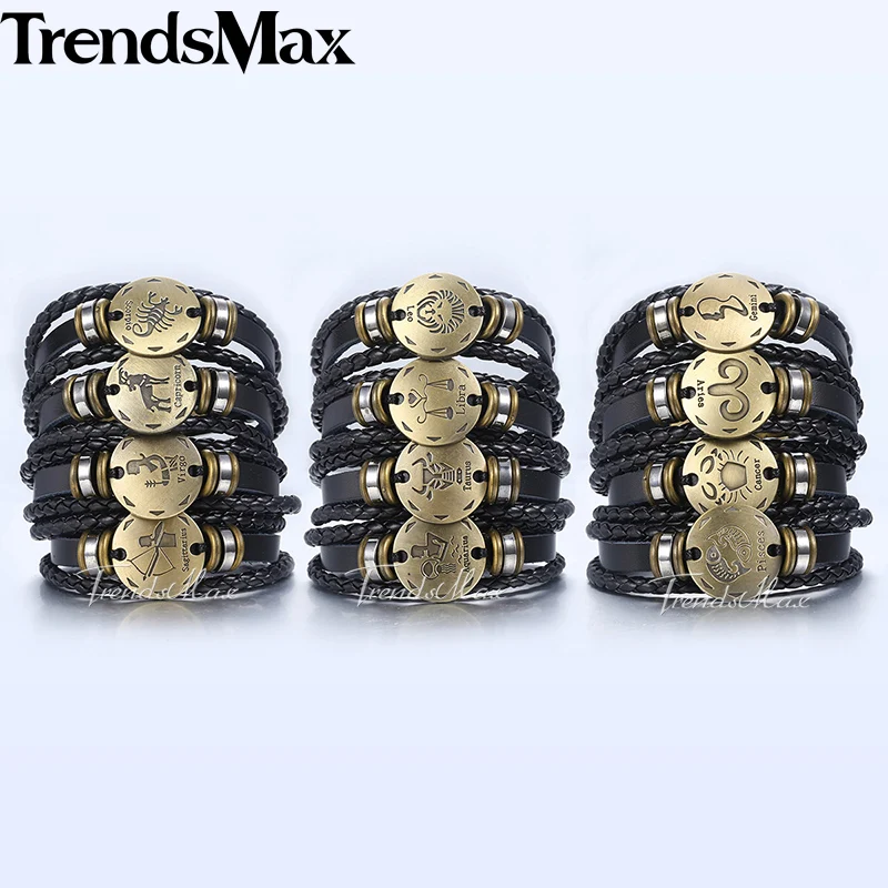 

12 constellations Men's Leather Bracelet Set 2018 Retro Charm Male Bracelets Wholesale Jewelry Gifts Cancer Zodiac Sign KLBM136A