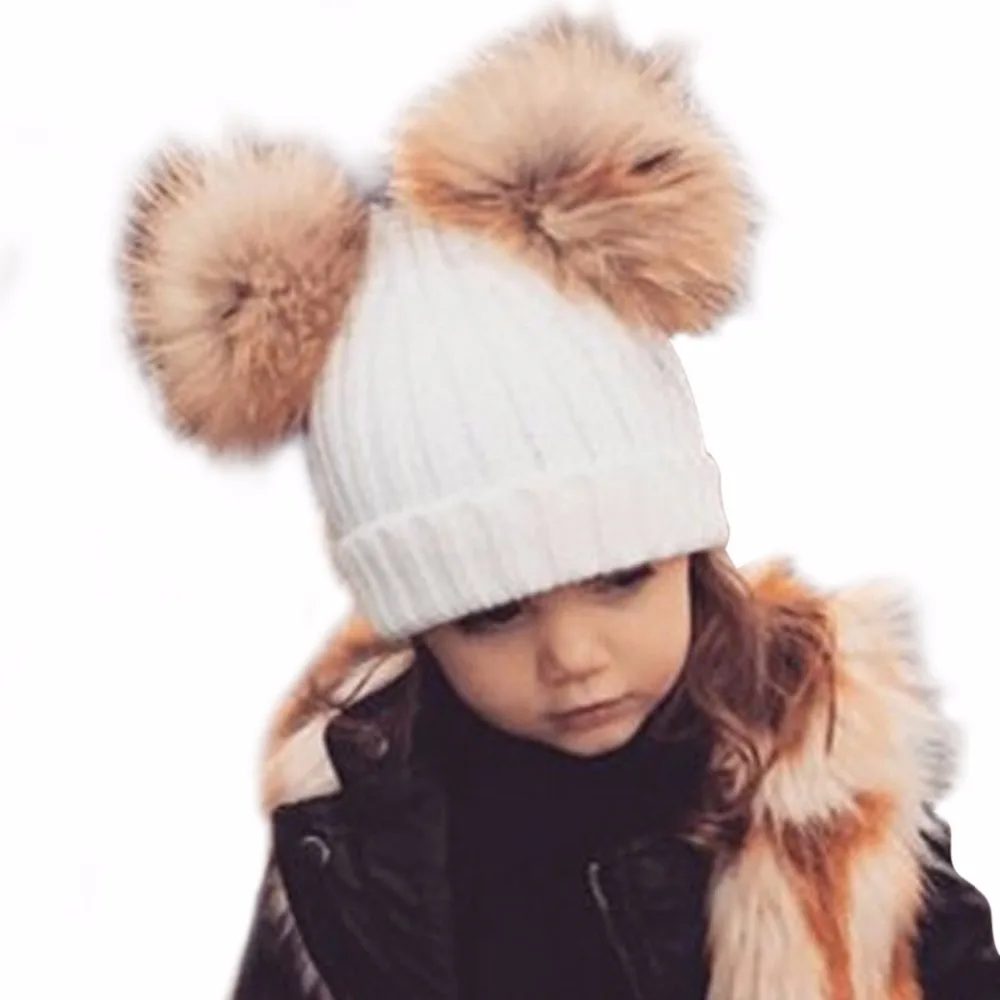 

New Winter Baby Hat Real Fur Pom Pom Knitted Toddler Kid Thick Warm Double Raccoon Fur Balls Beanies Boys Girls Bonnet Gorros F3