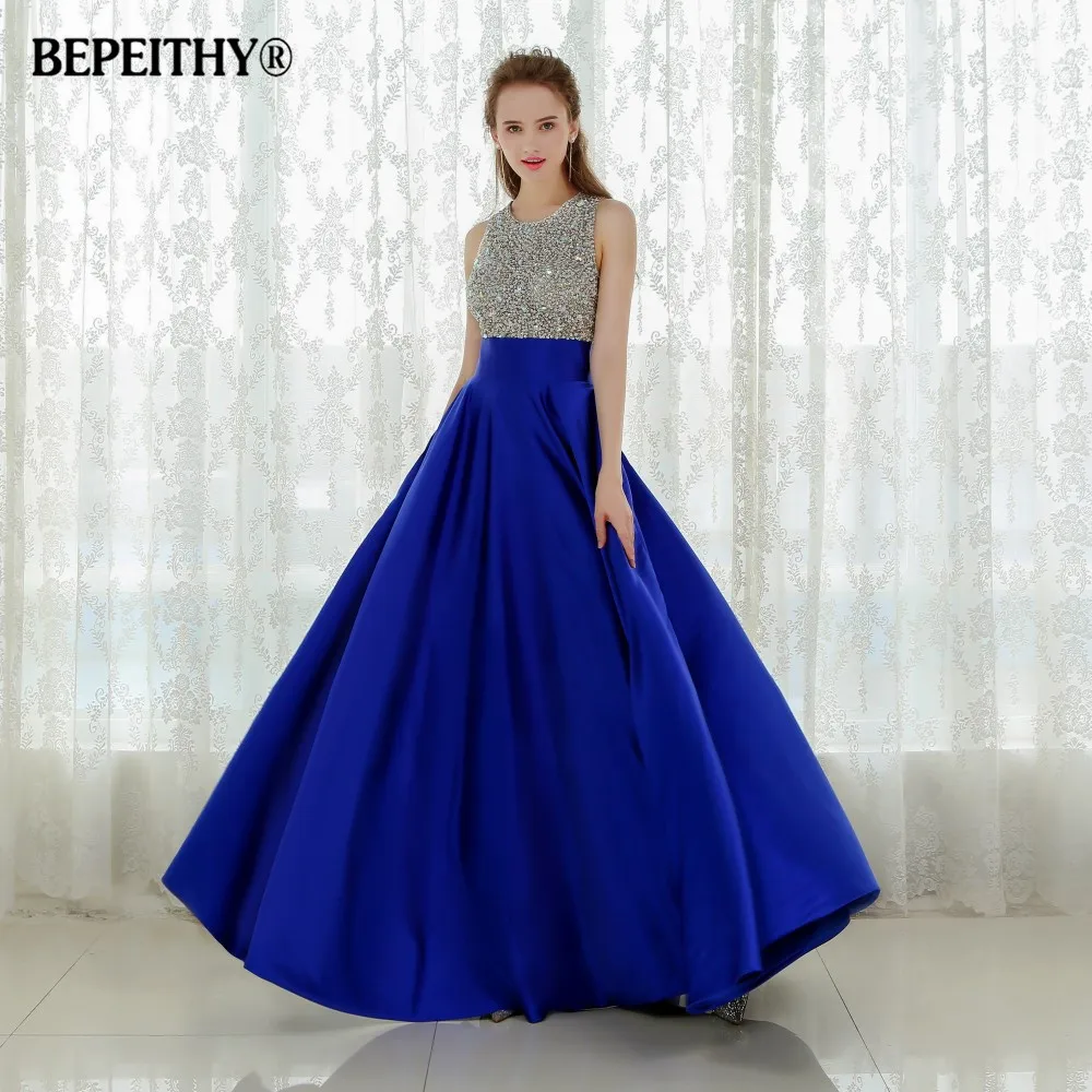 Vestido Longo Royal Blue Dlouhé večerní šaty 2016 Křišťálové Top Vintage Prom Šaty Robe De Soiree Rychlá doprava s kapsou