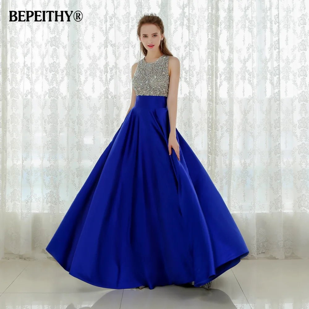 

Vestido Longo Royal Blue Long Evening Dress 2019 Crystal Top Vintage Prom Dresses Robe De Soiree Fast Shipping With Pocket