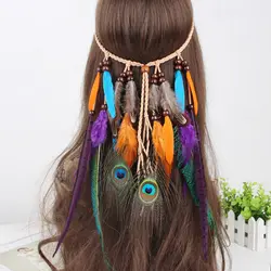 Ручной работы индийских Национальный павлин лента для волос с перьями женские богемная повязка Женский Путешествия кисточкой