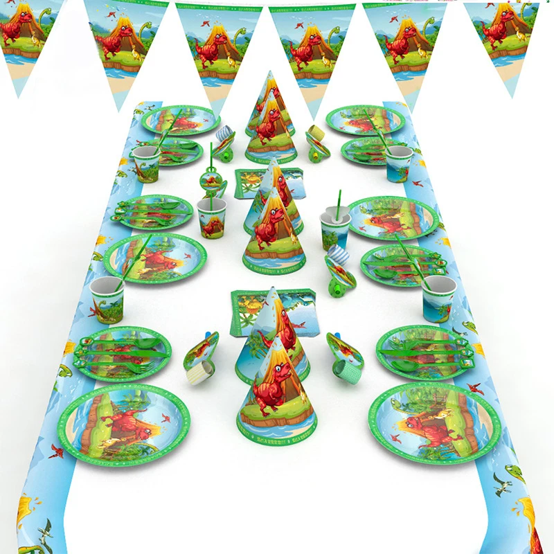 

Children's birthday party set dinosaur theme baby shower table set pull flag plate cap cup balloon set