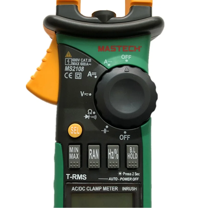 Mastech MS2108 цифровой AC/DC клещи мультиметр ЖК-Дисплей True RMS Авто/ручной диапазон Ток Напряжение Частотомер