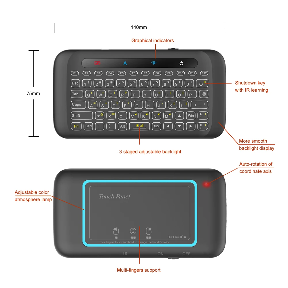 H20 мини беспроводная клавиатура с подсветкой Сенсорная панель Air mouse ИК пульт