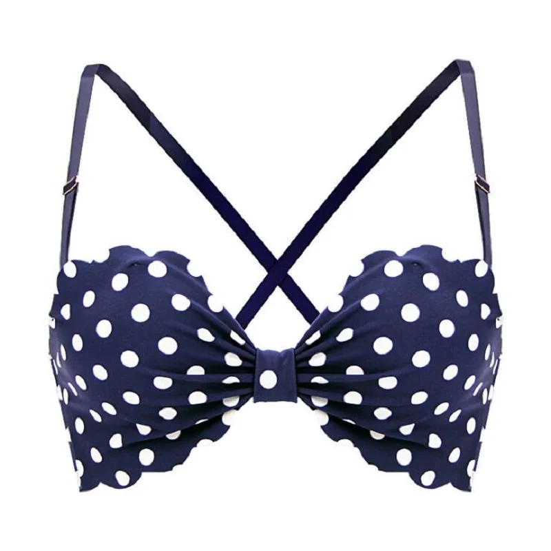 New sexy bralette lingerie Wave point seamless bra women push up bra 1/2 cup bow wire free underwear brassiere - Color: Blue