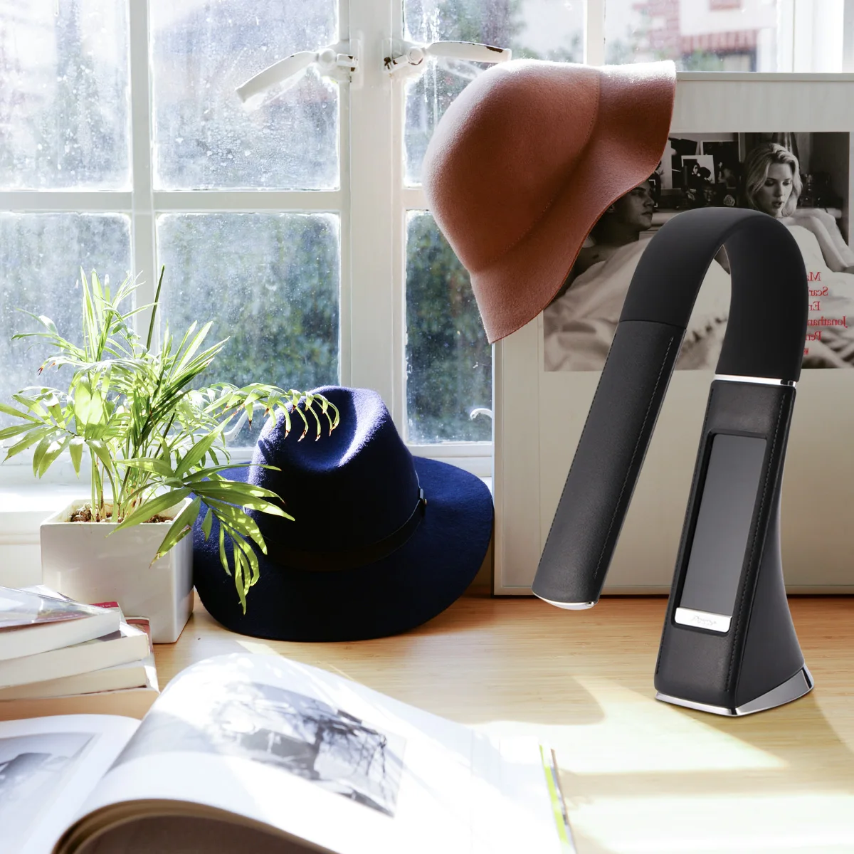 

LED light dimming touch skin texture reading light with alarm clock black creative business table led lamp table lamp