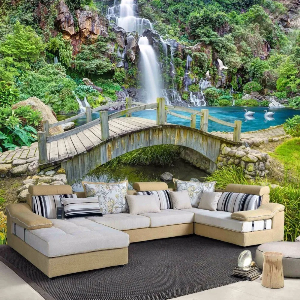 Custom-Any-Size-3D-Mural-Wallpaper-Small-Bridge-Running-Water-Waterfall-Nature-Landscape-Photo-Background-Wall (1)