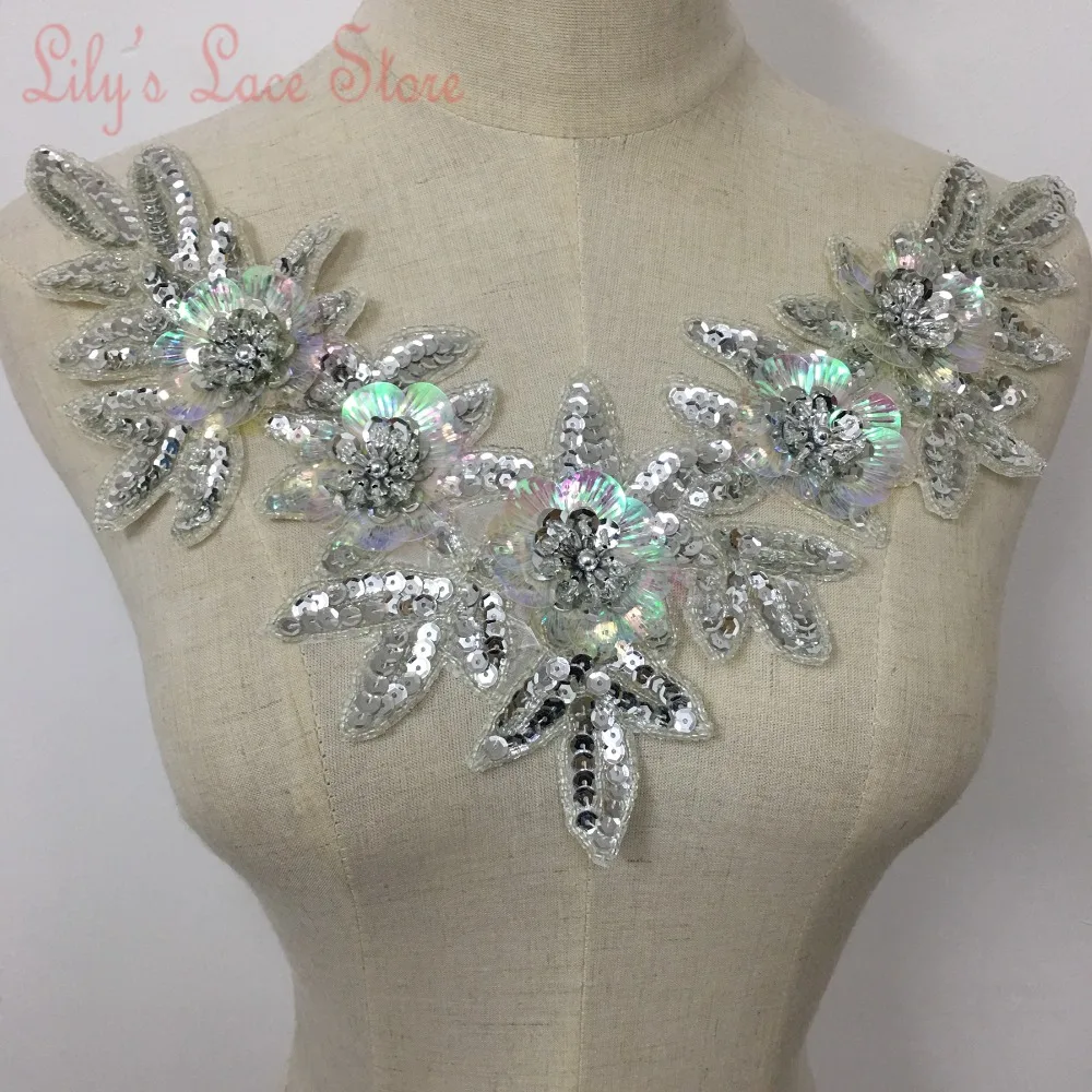 

32*24.5CM big patches sewing on for dance uniform costumes Gold sequins patches silver color sequined collar 2pcs