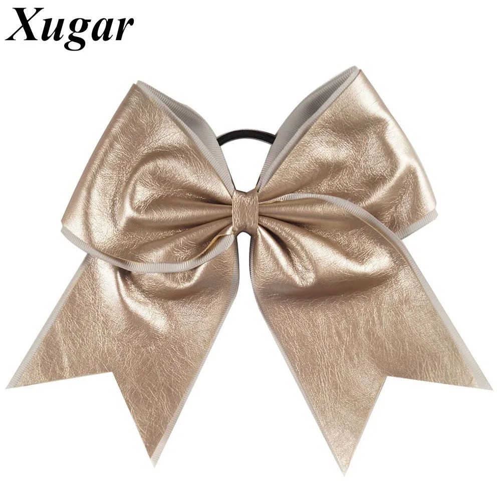

7" Large Handmade Solid Leather Cheer Bows with Elastic Bands Hair Bow For Children Girls Hair Accessories
