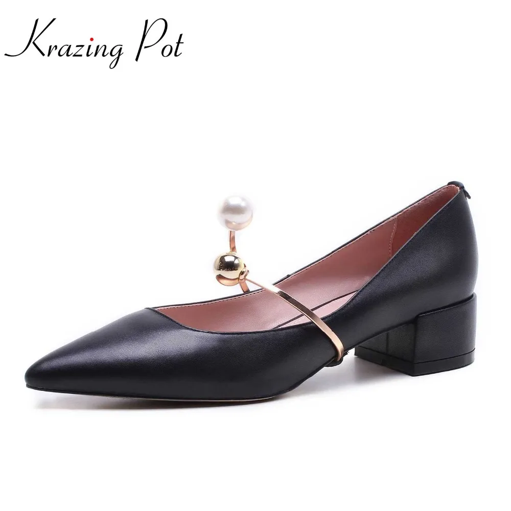 

Krazing pot cow leather slip on shoes pointed toe med heels fairy style women pumps pearl set half ring luxry handmade shoes L06