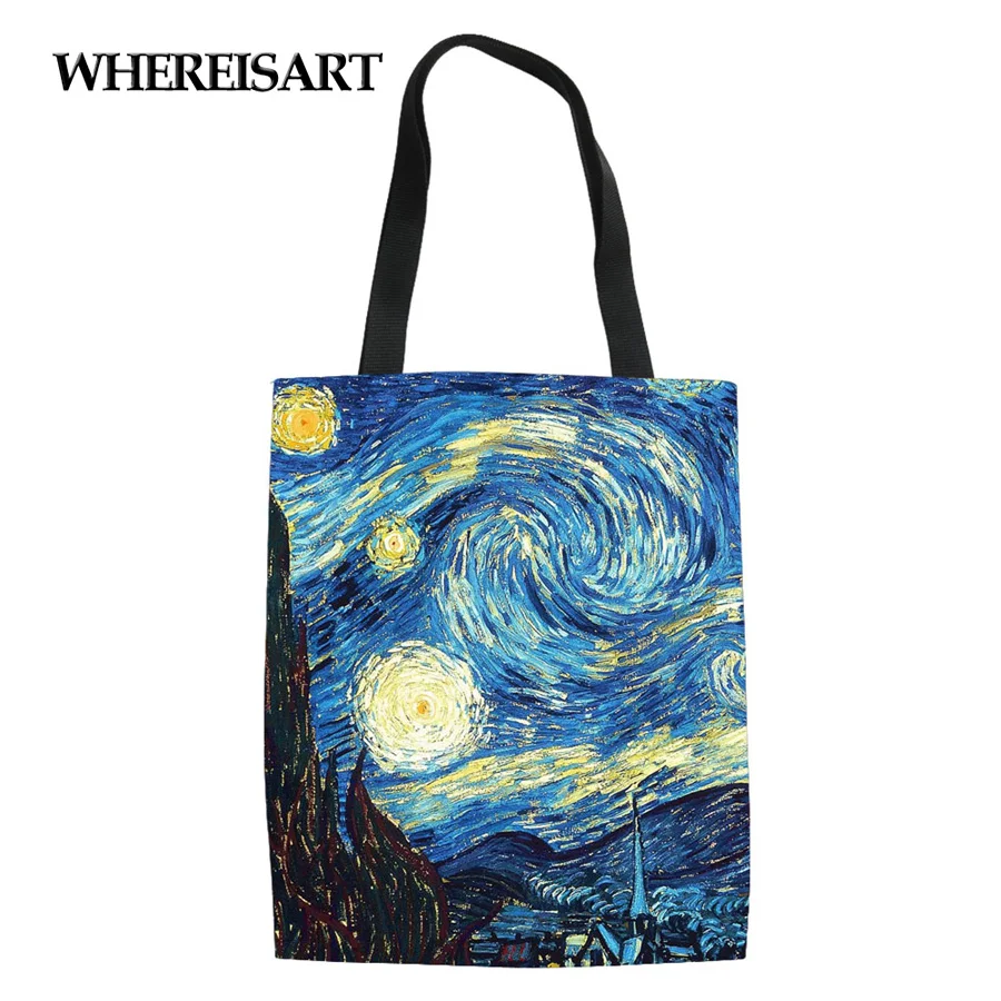 WHEREISART знаменитая картина Звездная ночь хозяйственные сумки на заказ многоразовые сумки для женщин Наплечная ткань сумка складная девушка масло большой