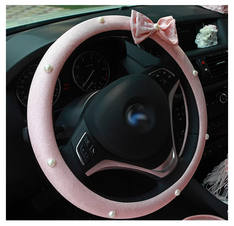 Розовый женский набор аксессуаров для украшения салона автомобиля, кружевной ремень безопасности, рычаг переключения ручного тормоза, перламутровый автомобильный чехол на руль для девочек