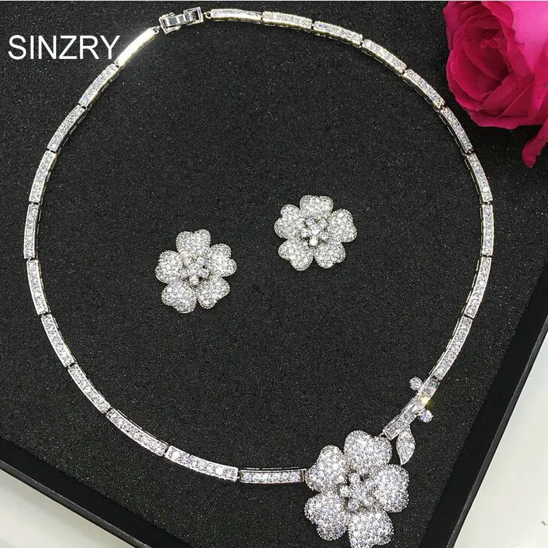 

SINZRY Luxury bridal jewelry set white cubic zircon flower chokers necklace earring wedding jewelry sets