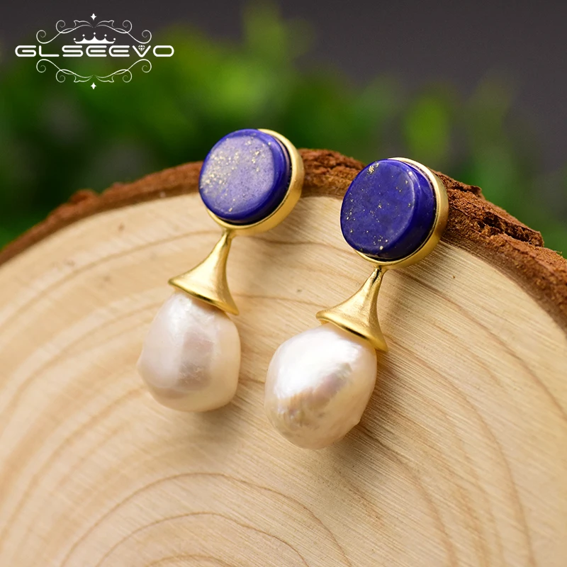 

GLSEEVO Natural Baroque Pearl Earrings For Women Drop Earrings Round Lapis Lazuli Fine Jewelry boucle d'oreille femme GE0692