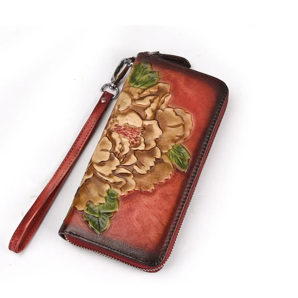 Women Wallet Female Genuine Leather Long Clutch Wallets Flower