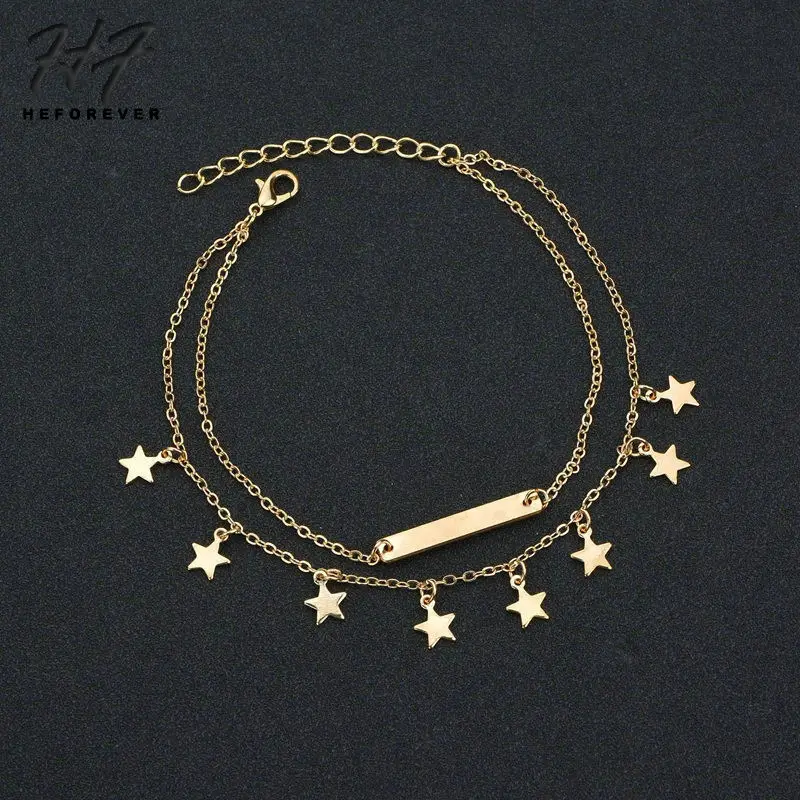 Простые Летние Пляжные нежные серебряные/Золотые Многослойные браслеты с металлическими звездами и блестками для женщин, модные аксессуары для ног KB375