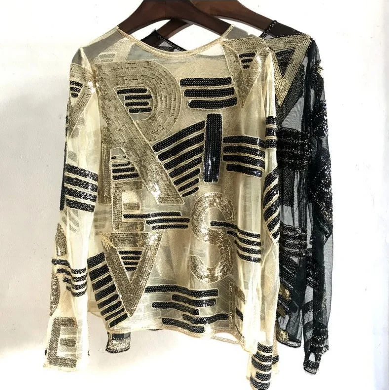 Letter Striped Beading Sequined Blouse Women 5