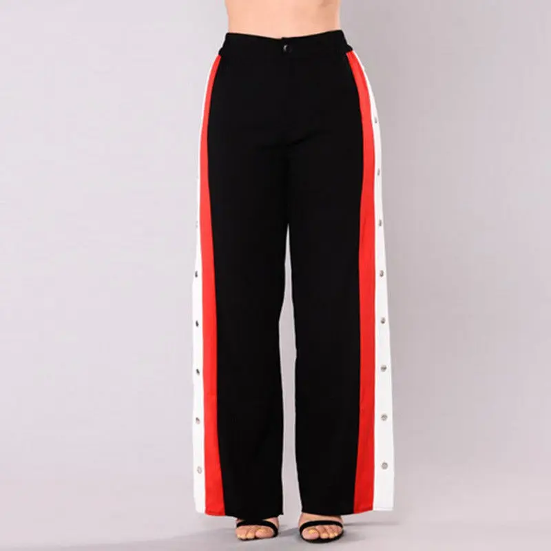 

2018 Fashion Active Casual Womens Cut Split Side Buttons Wide Leg Pants Striped Straight Loose Elastic Waist Pants 7 Style