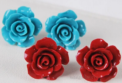 2pairs Red/Blue Coral Hand Carved Flower Earrings Silver