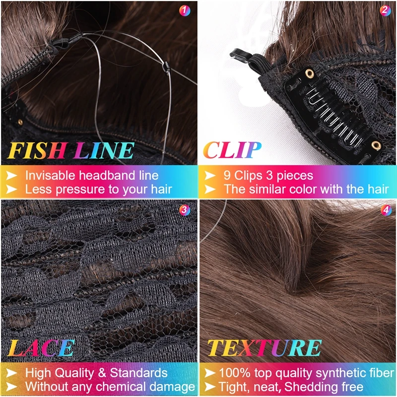 DinDong 18 inch Invisible Wire Hair Extensions Synthetic Wavy 3 Pieces Fish Line Clips in Hair Extensions Natural Hair Clips