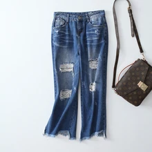 2017 Summer Fashion Bleached Ripped Irregular Hole Appliques Jeans Women Tassel Ankle Length Denim Pants