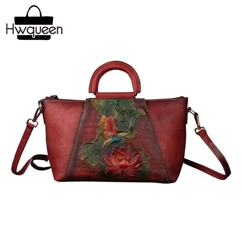 

Embossing Lotus Flower Designer Genuine Leather Female Handbag Zipper Closure Woman Large Shoulder Bag Vintage Lady Floral Totes