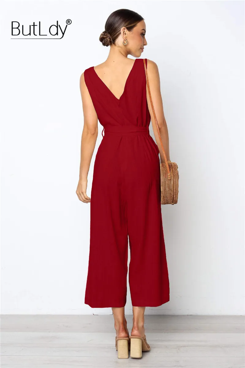 الصيف 2019 واسعة الساق بذلة المرأة عارية الذراعين عارضة الشاطئ حللا والسروال القصير مثير V الرقبة طويلة فضفاضة ارتداءها مستقيم وزرة