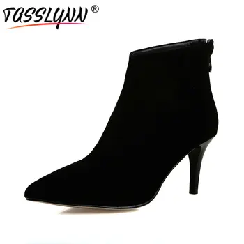 

TASSLYNN 2019 Autumn Women Boots Flock Pointed Toe Thin High Heel Ankle Boots Sexy Black Fashion Party Shoes Women Size 34-43