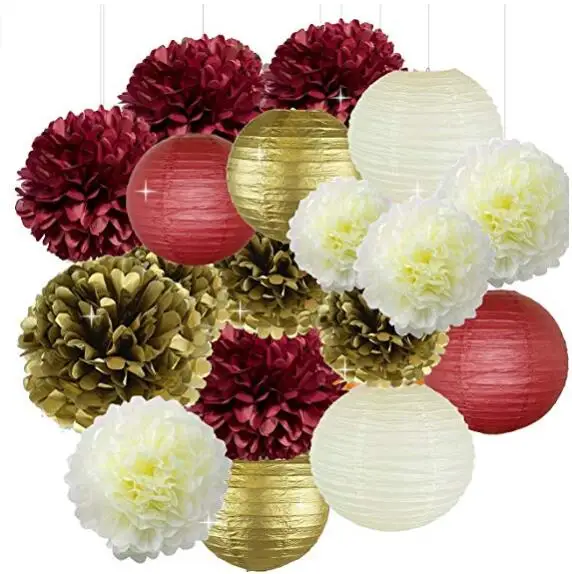 18pcs Burgundy Cream Gold Birthday Decor Tissue Paper Pom and Lanterns Photo Backdrop Wedding/Bachelorette Party | Дом и сад