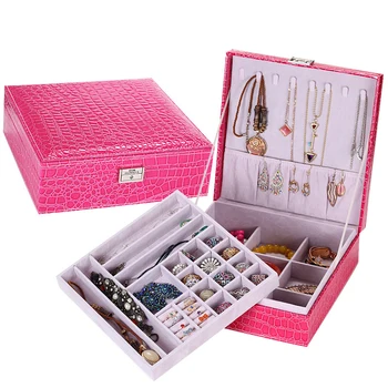 

Jewelry Storage Case Leather Crocodile Pattern Square Shape Clamshell Two Floor Metal Clasp Multiple Slot Organizer Case Box