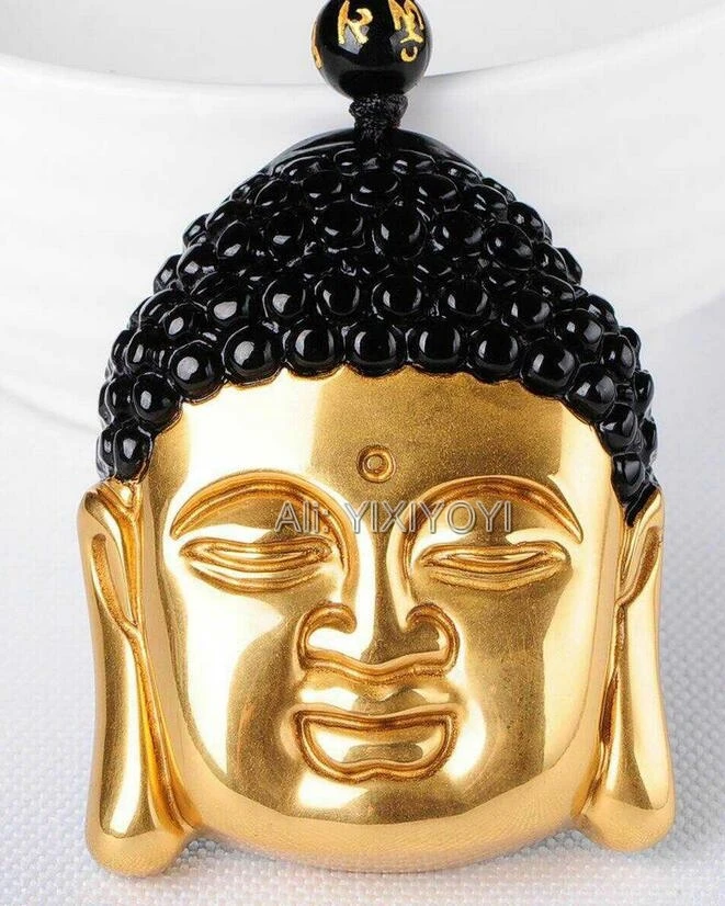 

Beautiful Handwork Natural Black Obsidian + 18K Solid Gold Chinese Blessing Buddha Lucky Pendant + Beads Necklace Jewelry