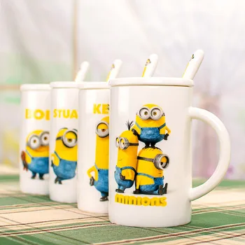 

1Pcs 390ml Fashion Despicable Me Creative Couples Mark Cup With cover and spoon Minions ceramic coffee cup water milk tea cup