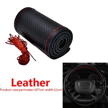 

Smooth Soft Texture Auto Car Steering Wheel Black Leather Cover Protect With Needles And Red Thread Car Covers Sets
